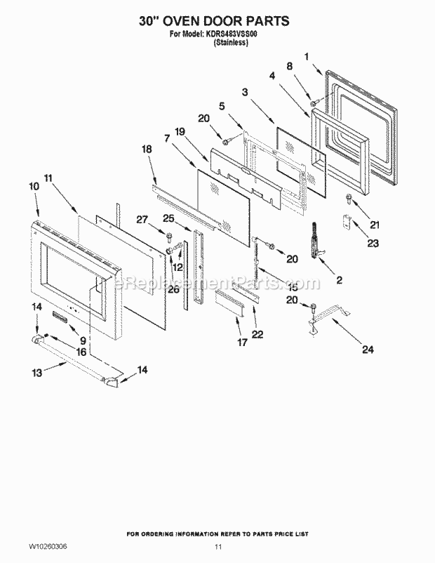 KitchenAid KDRS483VSS00 Range 30`` Oven Door Parts Diagram