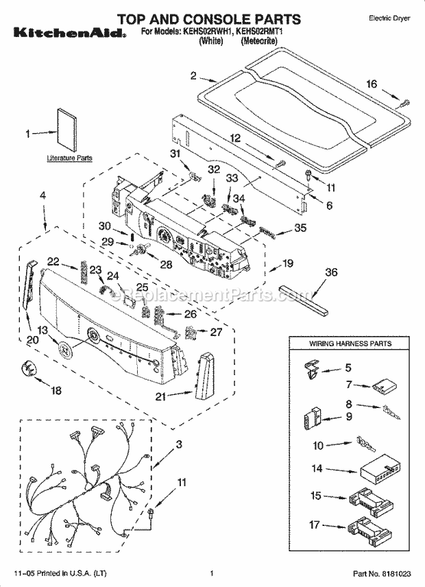 KitchenAid KEHS02RWH1 Dryer Top and Console Parts Diagram