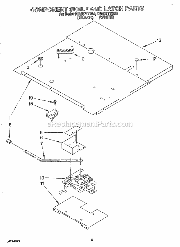 KitchenAid KEMI371YWH0 Range Component Shelf and Latch Diagram