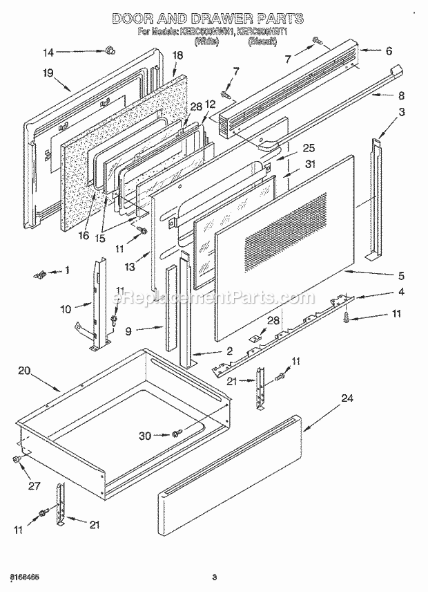 KitchenAid KERC500HWH1 Range Door and Drawer Diagram