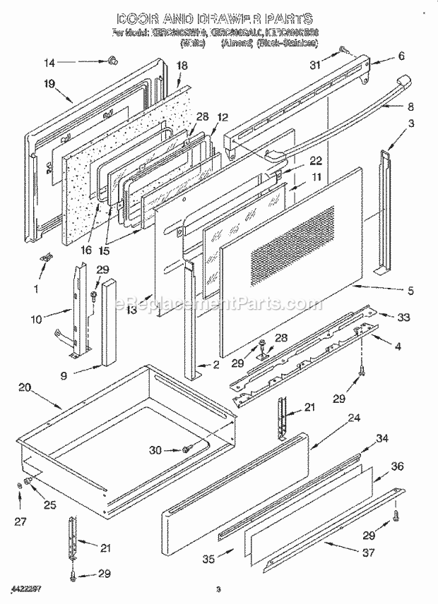 KitchenAid KERC600GBS0 Range Door and Drawer Diagram