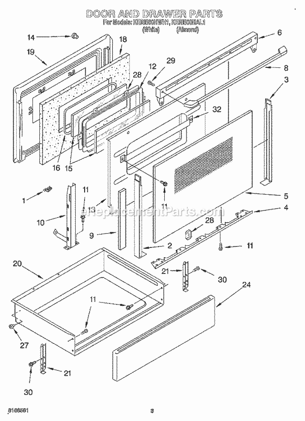 KitchenAid KERI500HWH1 Range Door and Drawer Diagram