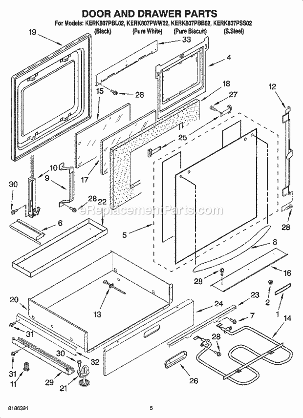 KitchenAid KERK807PBB02 Range Door and Drawer Parts Diagram