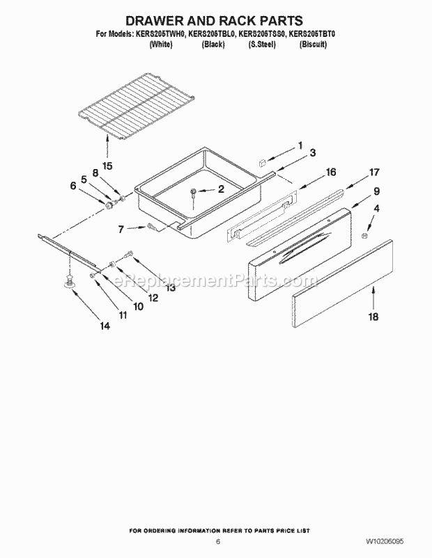 KitchenAid KERS205TBT0 Range Drawer and Rack Parts Diagram