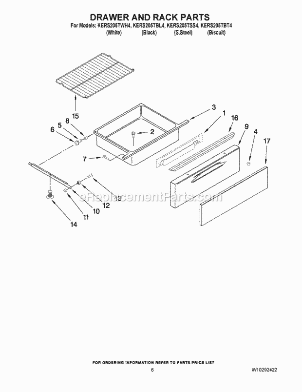 KitchenAid KERS205TWH4 Range Drawer and Rack Parts Diagram