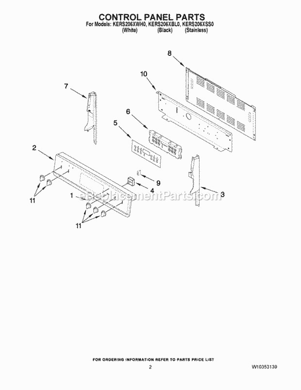 KitchenAid KERS206XWH0 Range Control Panel Parts Diagram