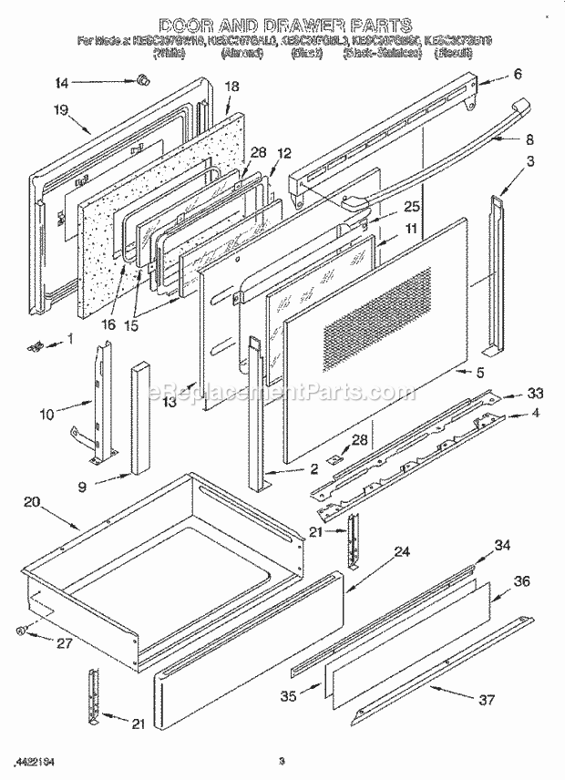 KitchenAid KESC307GBL0 Range Door and Drawer Diagram