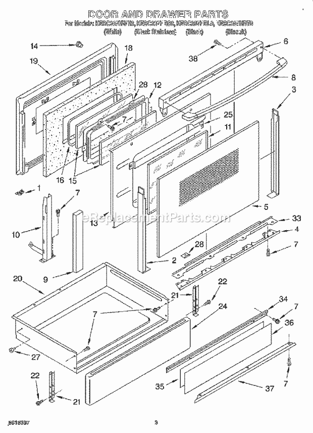 KitchenAid KESC307HBL0 Range Door and Drawer Diagram