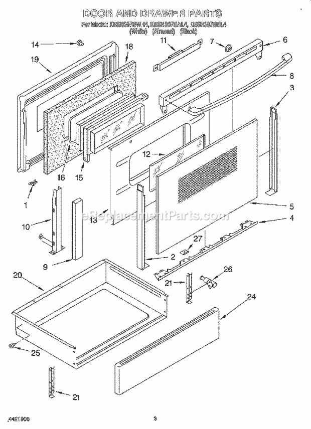 KitchenAid KESH307BBL4 Range Door and Drawer Diagram