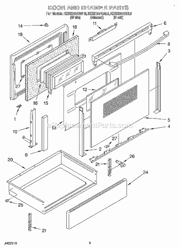 KitchenAid KESH307BBL8 Range Door and Drawer Diagram