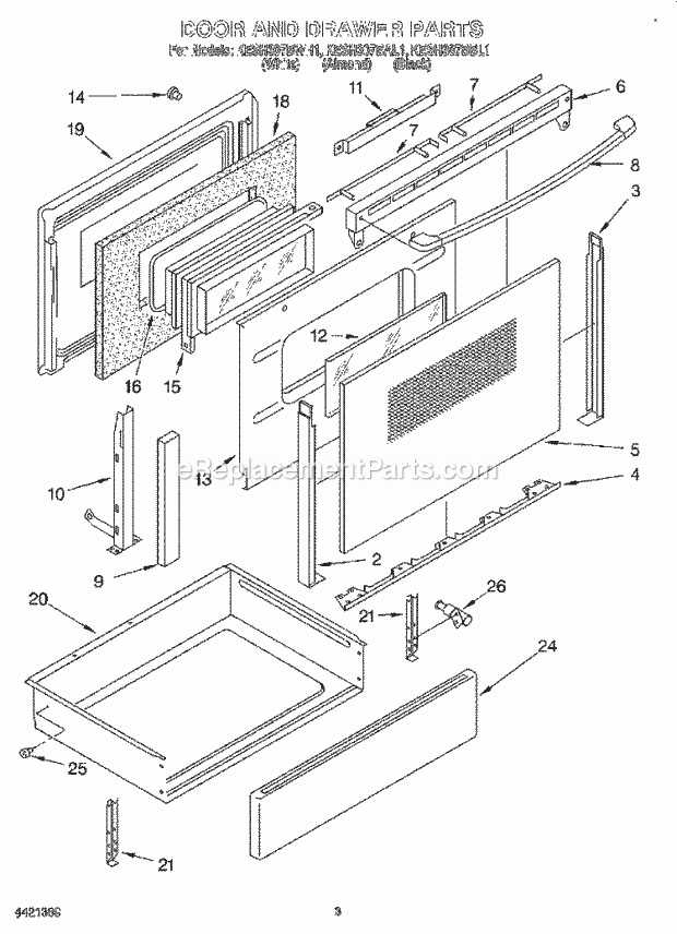 KitchenAid KESH307BWH1 Range Door and Drawer Diagram