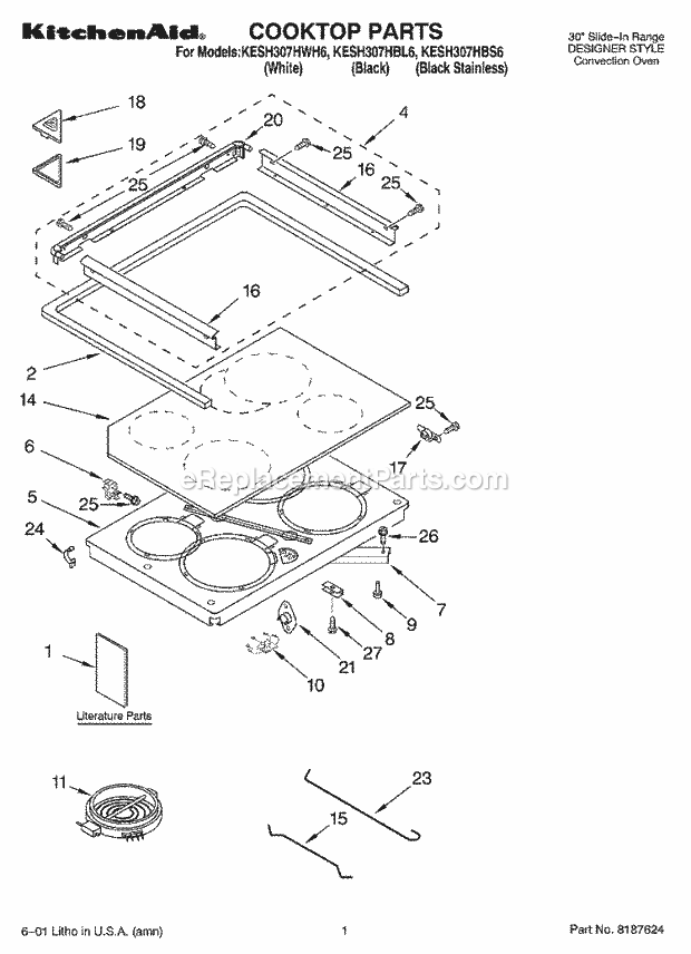 KitchenAid KESH307HWH6 Range Cooktop, Literature Diagram