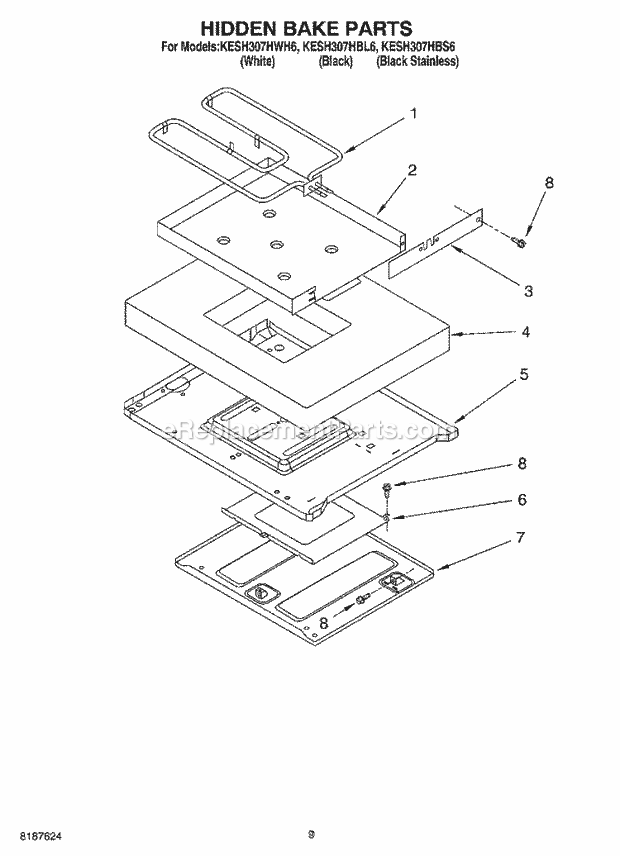 KitchenAid KESH307HWH6 Range Hidden Bake Diagram