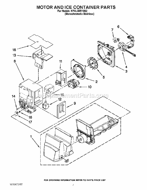 KitchenAid KFXL25RYMS2 Refrigerator Motor and Ice Container Parts Diagram