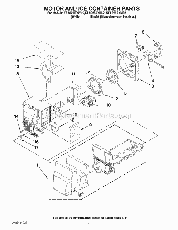 KitchenAid KFXS25RYWH2 Refrigerator Motor and Ice Container Parts Diagram