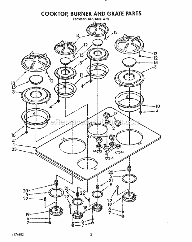 KitchenAid KGCT305TWH0 Range Cooktop, Burner and Grates Diagram