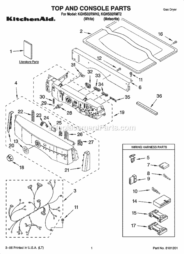 KitchenAid KGHS02RWH2 Dryer Top and Console Parts Diagram
