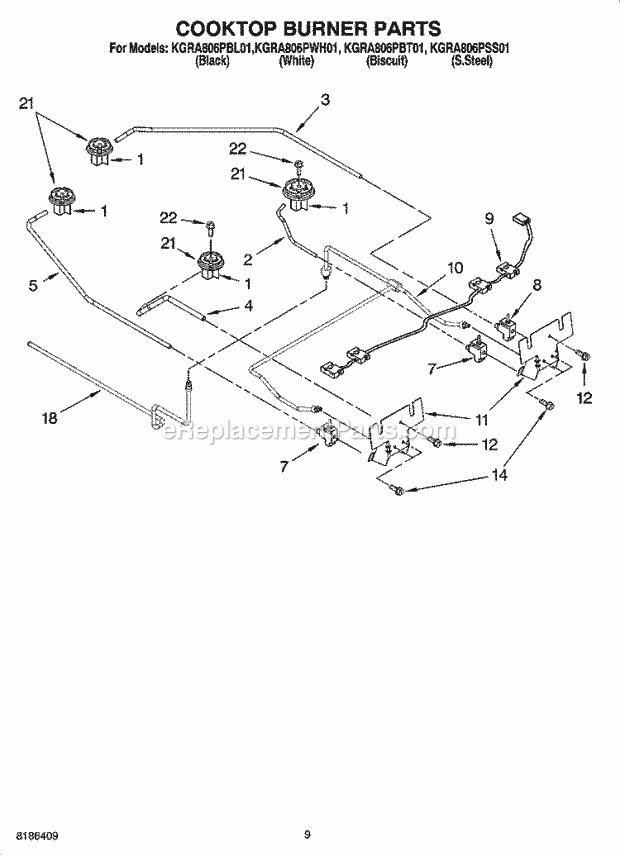 KitchenAid KGRA806PBT01 Range Cooktop Burner Parts Diagram