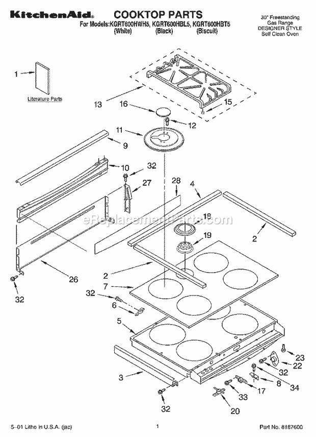 KitchenAid KGRT600HBT5 Range Cooktop, Literature Diagram