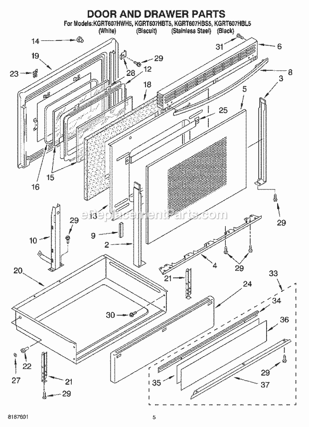 KitchenAid KGRT607HBL5 Range Door and Drawer Diagram