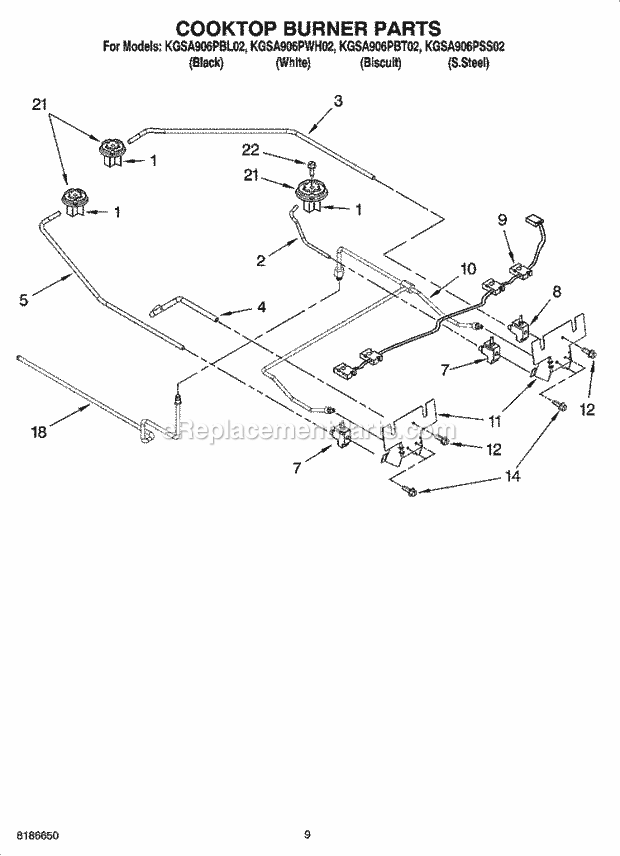 KitchenAid KGSA906PBT02 Range Cooktop Burner Parts Diagram