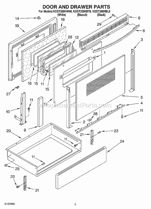 KitchenAid KGST300HBL8 Range Door and Drawer Diagram