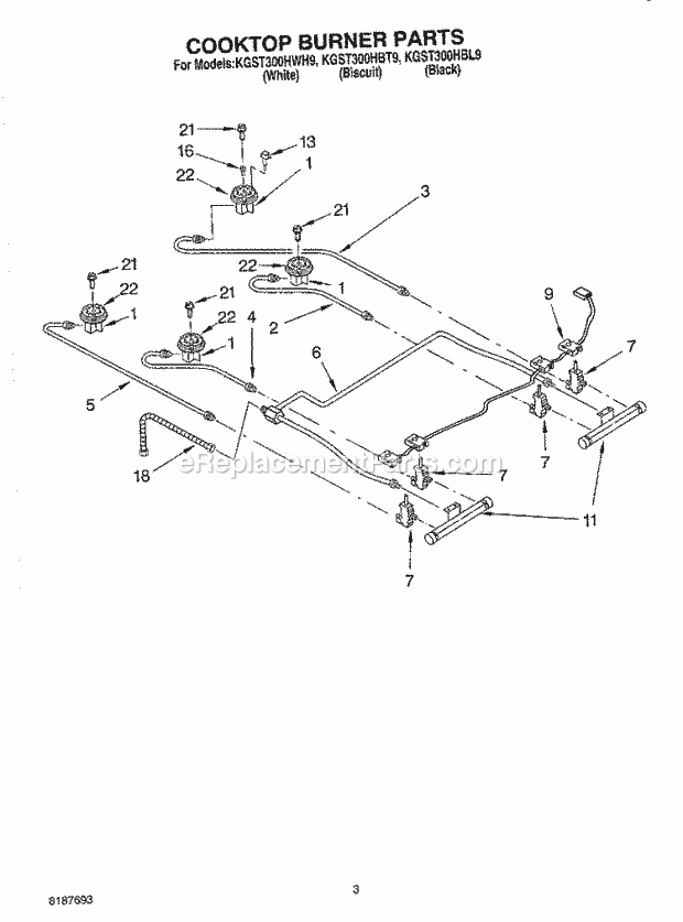 KitchenAid KGST300HBT9 Range Cooktop Burner Diagram