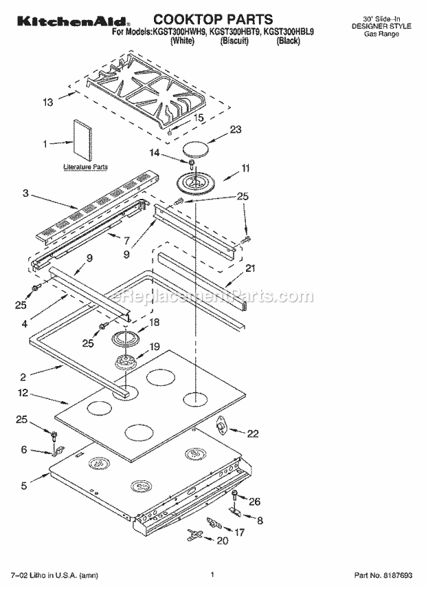 KitchenAid KGST300HBT9 Range Cooktop, Literature Diagram