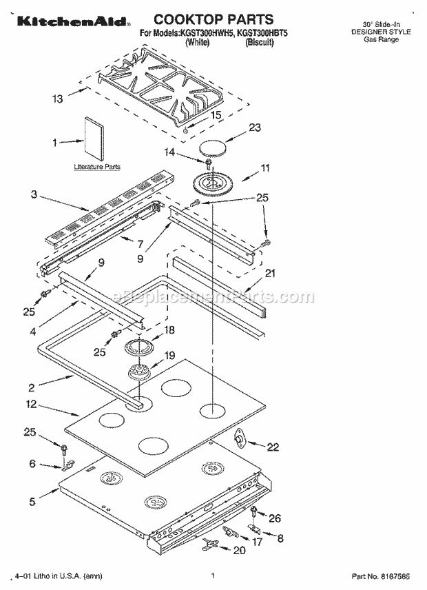 KitchenAid KGST300HWH5 Range Cooktop, Literature Diagram