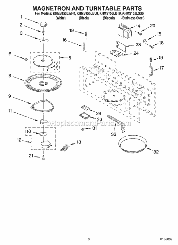 KitchenAid KHMS155LBL0 Microwave Magnetron and Turntable Diagram