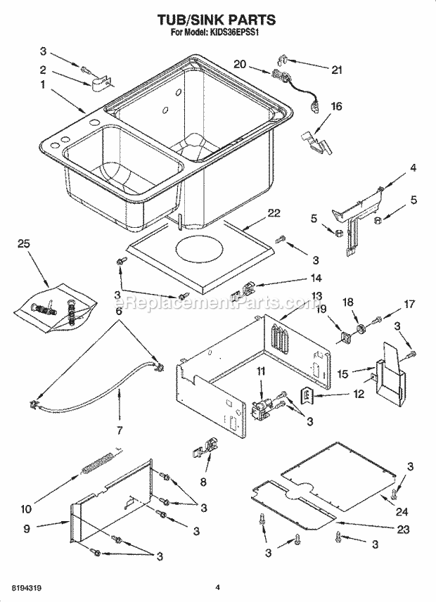 KitchenAid KIDS36EPSS1 Dishwasher Tub/Sink Parts Diagram