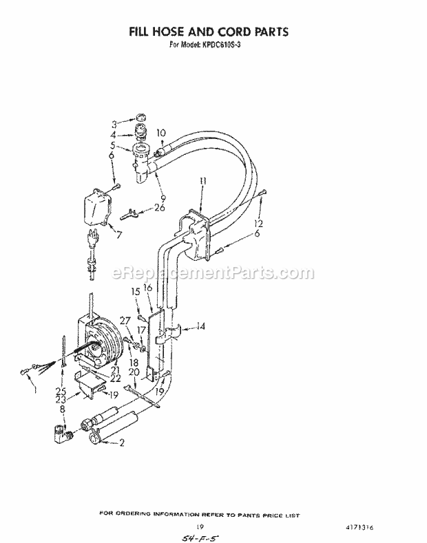 KitchenAid KPDC601S3 Dishwasher Fill Hose and Cord Diagram
