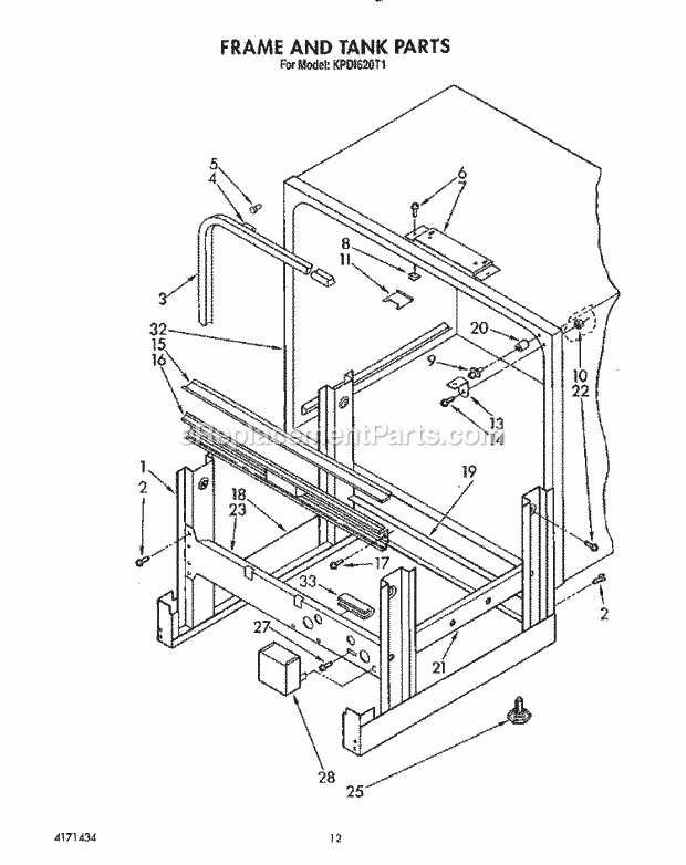 KitchenAid KPDI620T1 Dishwasher Frame and Tank Diagram
