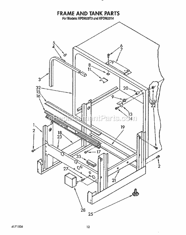 KitchenAid KPDI620T3 Dishwasher Frame and Tank Diagram
