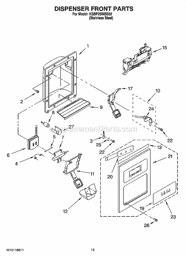 KitchenAid KSBP25INSS02 Refrigerator Dispenser Front Parts Diagram