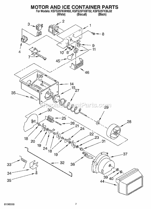 KitchenAid KSFS25FKBT02 Refrigerator Motor and Ice Container Parts Diagram