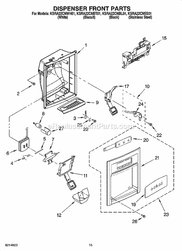 KitchenAid KSRA22CNBT01 Refrigerator Dispenser Front Parts Diagram