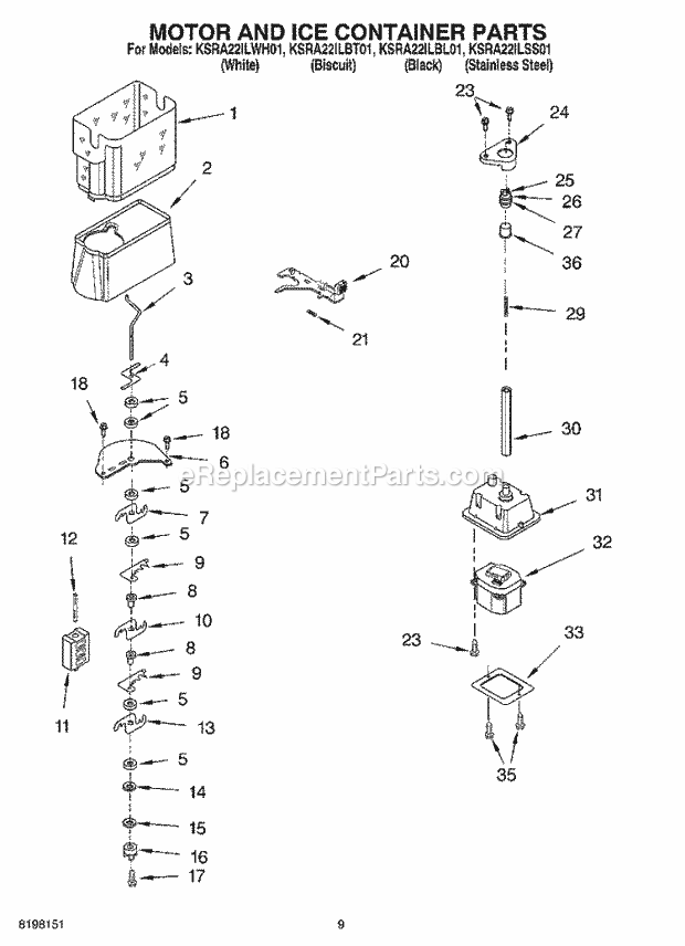 KitchenAid KSRA22ILBL01 Refrigerator Motor and Ice Container Parts Diagram