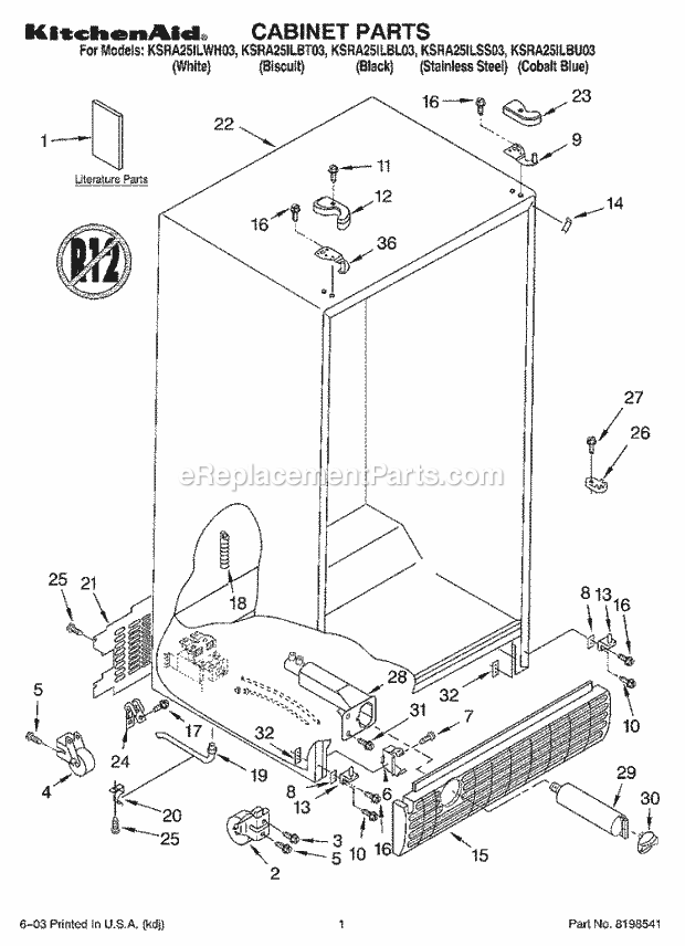 KitchenAid KSRA25ILBU03 Refrigerator Cabinet Parts Diagram