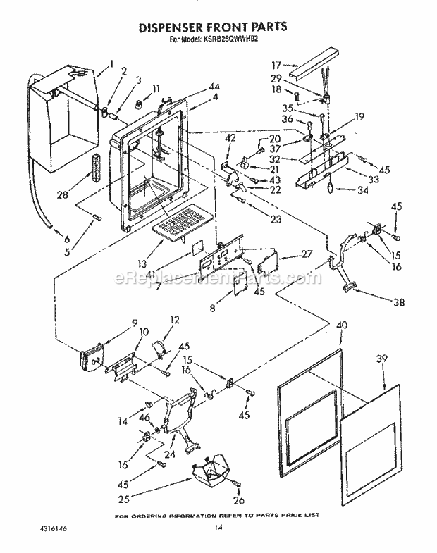 KitchenAid KSRB25QWWH02 Refrigerator Dispenser Front Diagram