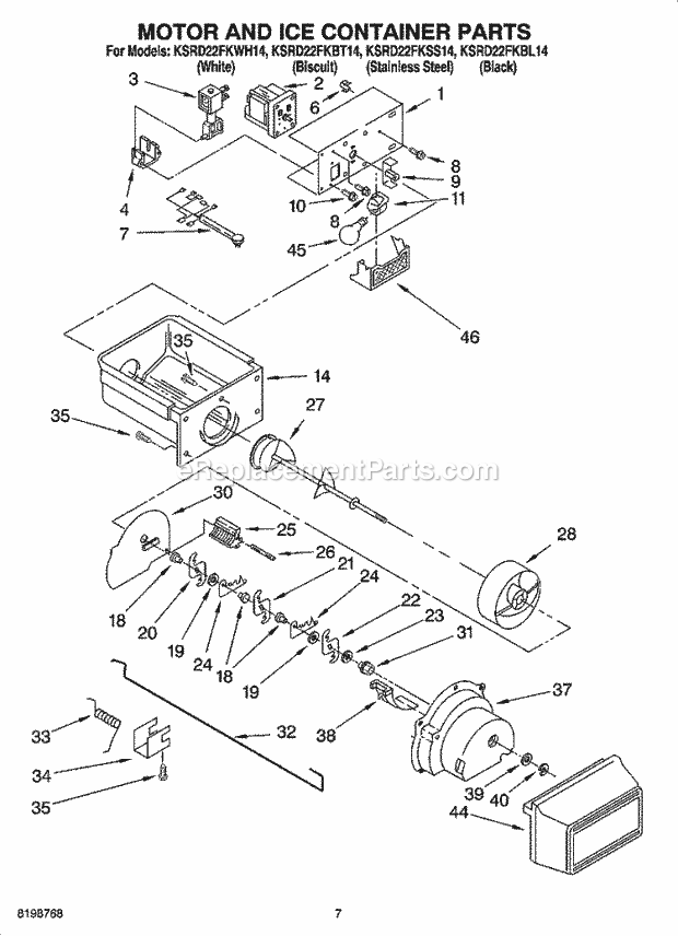 KitchenAid KSRD22FKBT14 Refrigerator Motor and Ice Container Parts Diagram