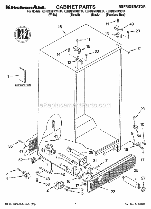 KitchenAid KSRD25FKWH14 Refrigerator Cabinet Parts Diagram