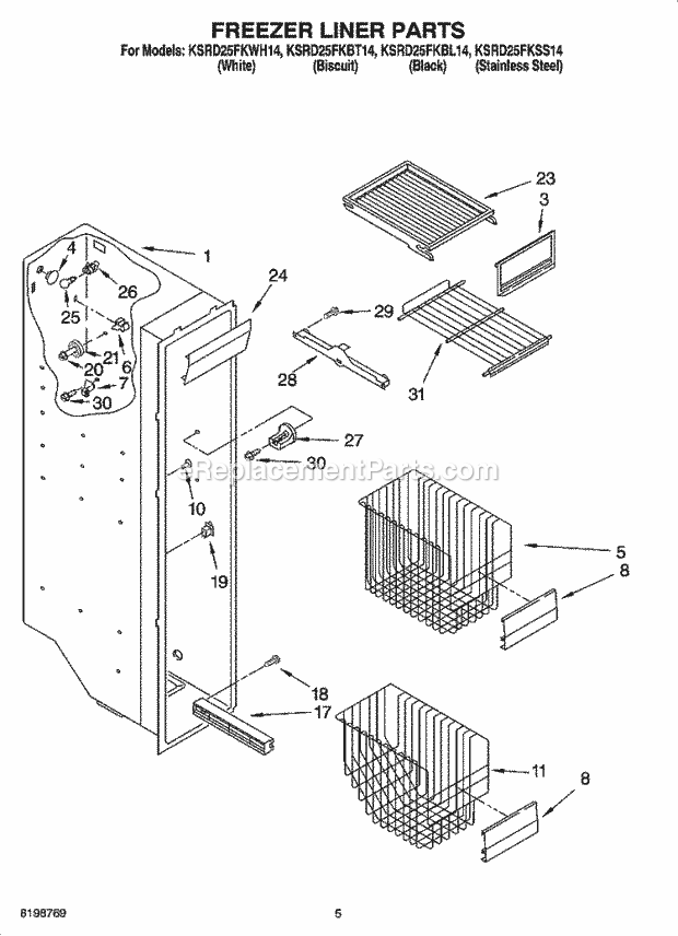 KitchenAid KSRD25FKWH14 Refrigerator Freezer Liner Parts Diagram