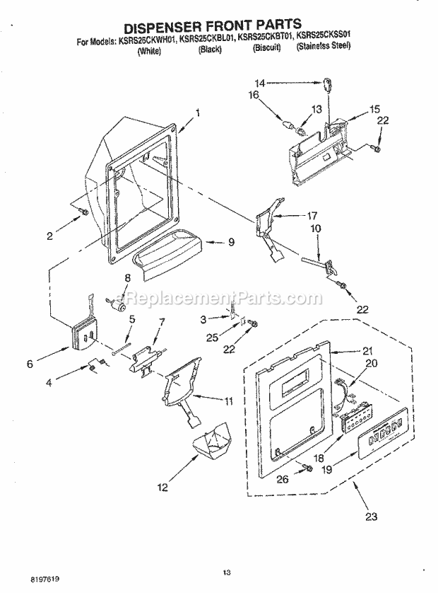 KitchenAid KSRS25CKSS01 Refrigerator Dispenser Front Diagram