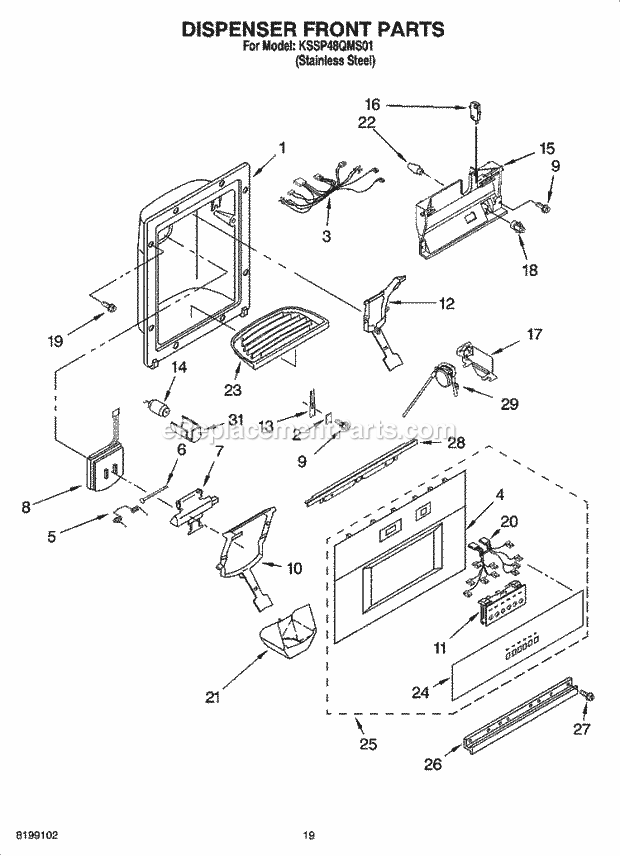 KitchenAid KSSP48QMS01 Refrigerator Dispenser and Front Parts Diagram