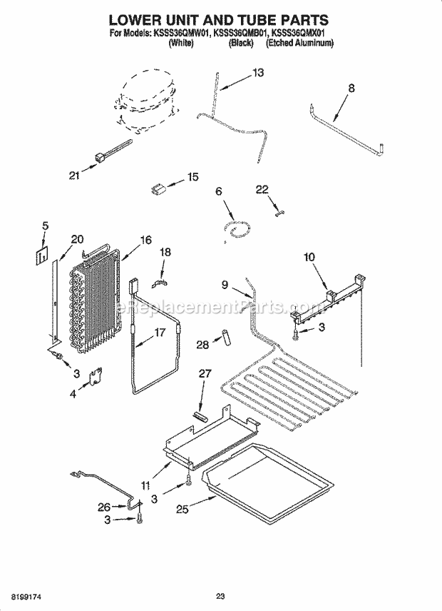 KitchenAid KSSS36QMW01 Refrigerator Lower Unit and Tube Parts Diagram