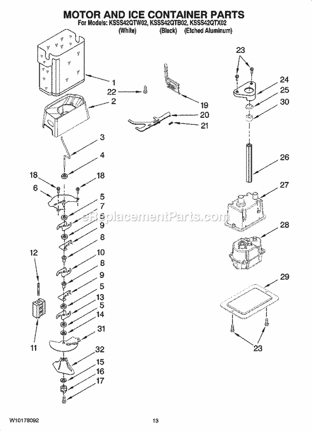 KitchenAid KSSS42QTW02 Refrigerator Motor and Ice Container Parts Diagram