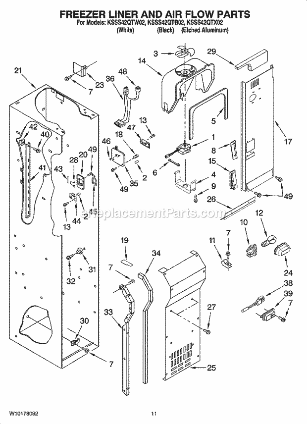 KitchenAid KSSS42QTW02 Refrigerator Freezer Liner and Air Flow Parts Diagram