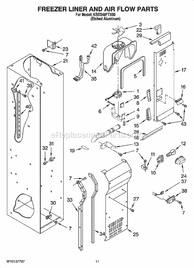 KitchenAid KSSS48FTX00 Refrigerator Freezer Liner and Air Flow Parts Diagram