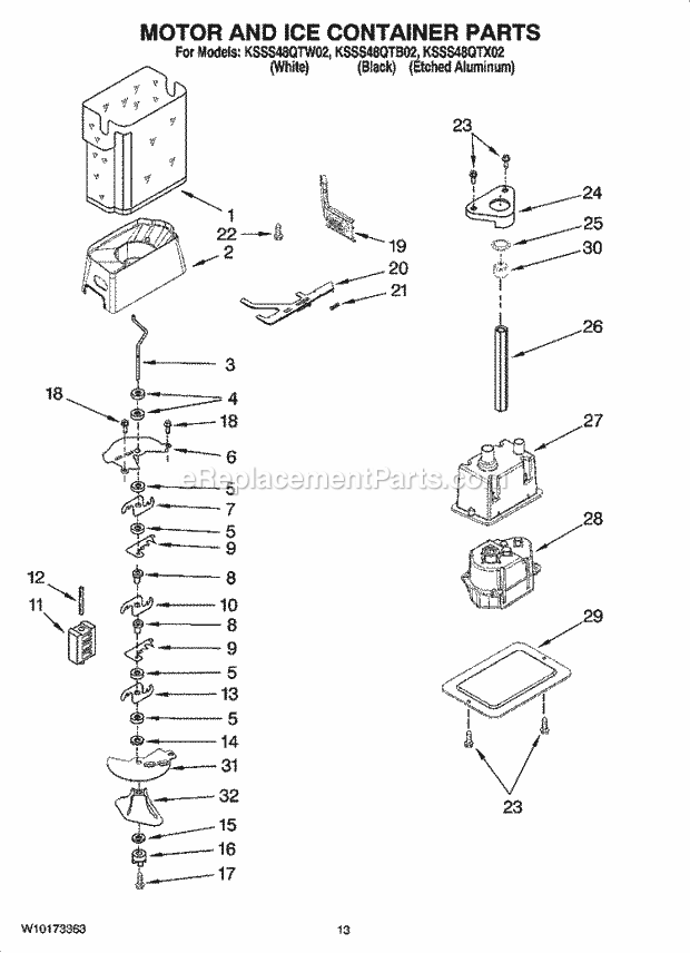 KitchenAid KSSS48QTX02 Refrigerator Motor and Ice Container Parts Diagram